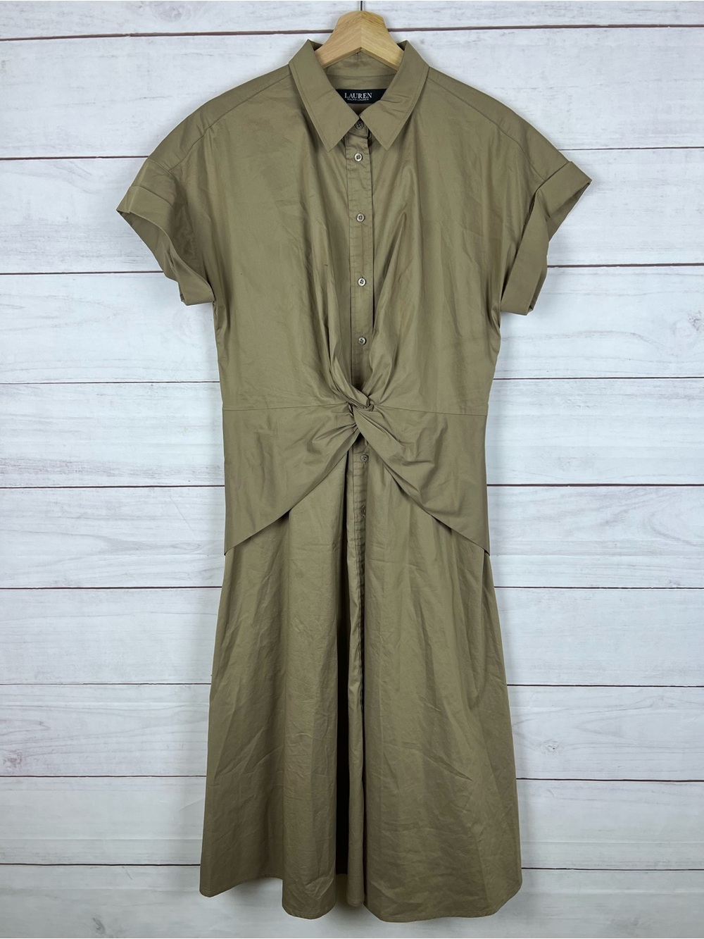 Lauren Ralph Lauren Beige Twist Front Button Down Shirt Dress Size 8 Midi